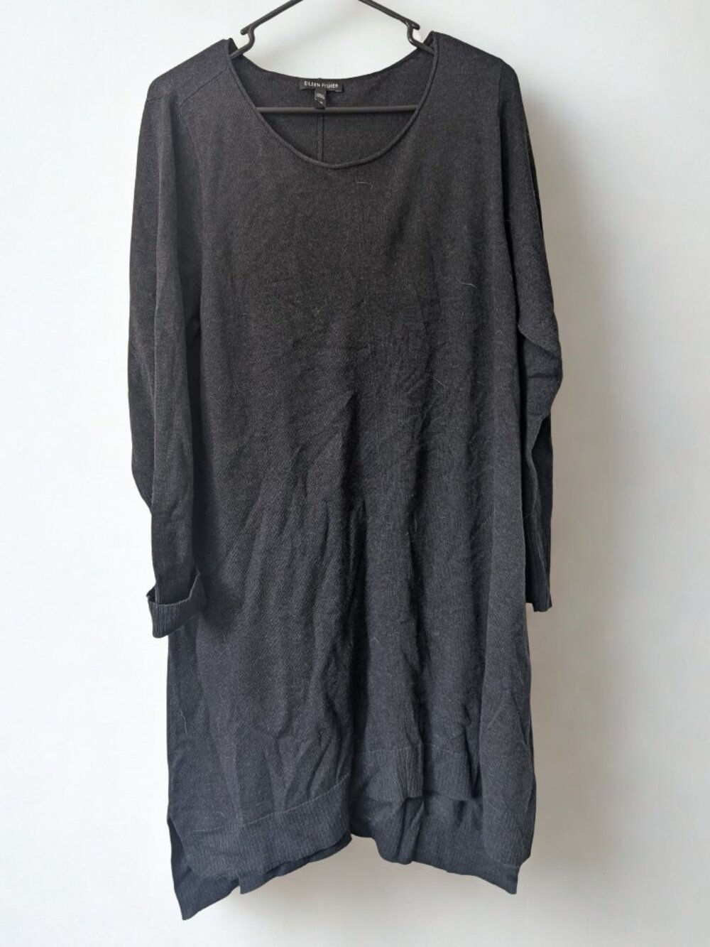 Eileen Fisher Black Merino Wool Blend Knit Long Sleeve Sweater Dress, L